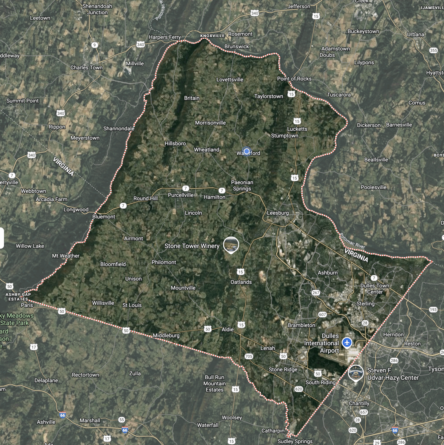 Satellite map showing Loudoun County, Virginia boundary
