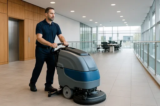 Worker operating floor scrubber in office lobby