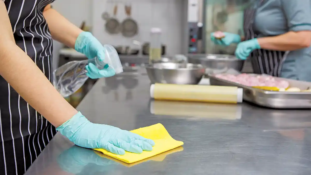 Gloved workers cleaning stainless commercial kitchen countertop